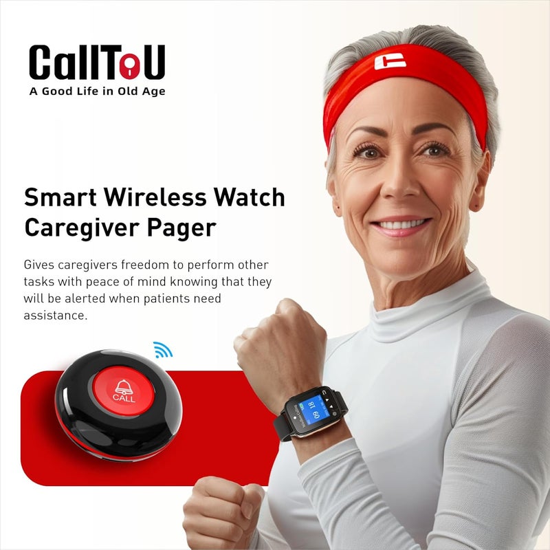 CallToU Wireless Caregiver Pager Call Button for Patient Nurse Alert System for Elderly Monitoring 1000ft Waterproof Call Bell for Home 1 Receiver Wrist Pager 5 SOS Call Buttons - Image 2